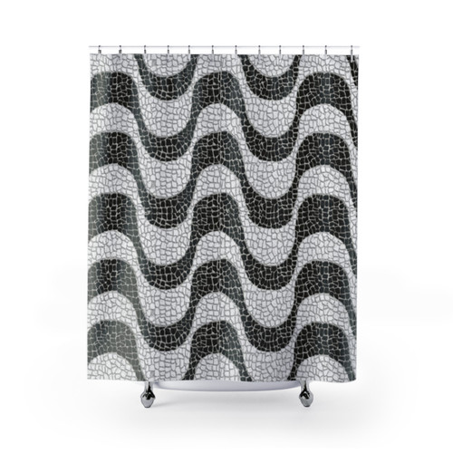 Copacabana Beach Shower Curtains with Black and White Portuguese Waves Pattern