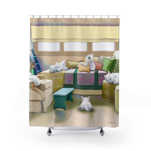 Westie Retreat Shower Curtains by Catia Cho
