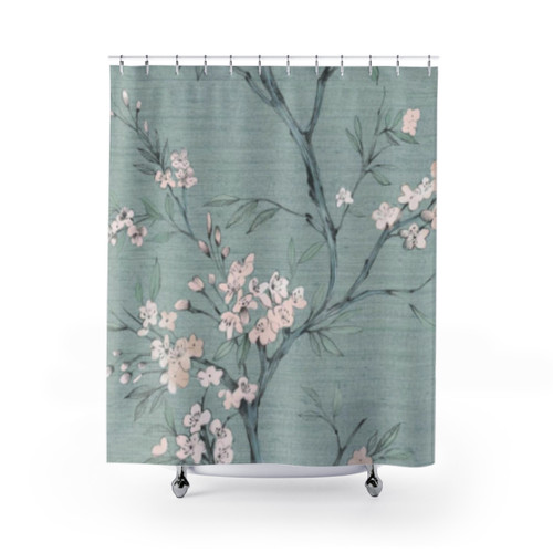 Modern Duck Egg Shower Curtains with Elegant Oriental Floral Design