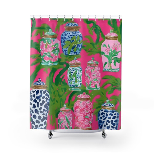 Chinoiserie Shower Curtains with Banana Leaf Print