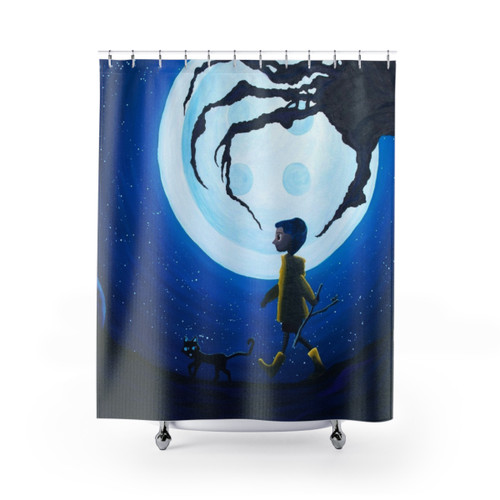 Coraline Themed Shower Curtain with Spooky Night Sky Design