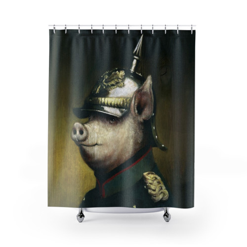 Pigglehaube Funny Shower Curtains with Pig in Picklehaube Military Hat Design