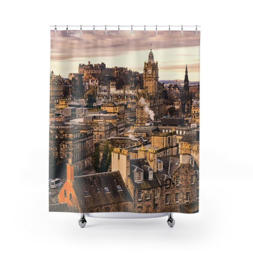 Edinburgh Morning Shower Curtains featuring the iconic architecture of Edinburgh, Scotland