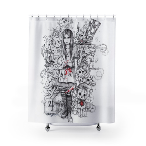 Wonderland-themed shower curtain with Alice in Wonderland design