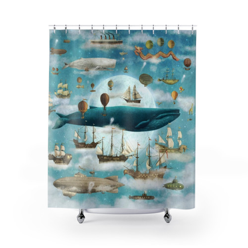 Ocean-themed shower curtain with whales, ships, and a blue sky