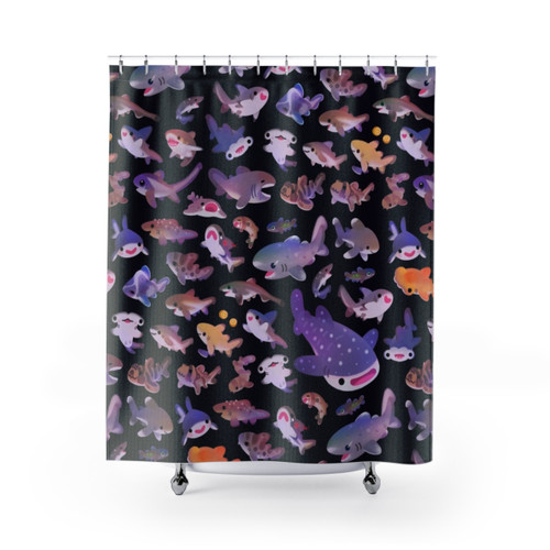 Shark themed shower curtain with various shark species