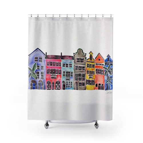 Rainbow Row Charleston Shower Curtains featuring watercolor palm trees