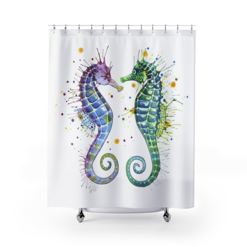 Seahorse Shower Curtains with Watercolor Underwater Scene
