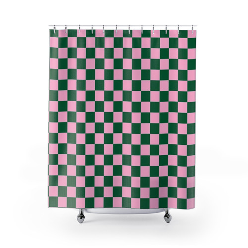 Cotton Candy Pink and Cadmium Green Checkered Shower Curtains