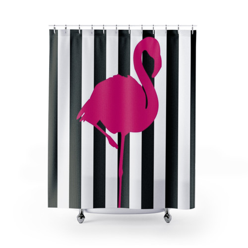 Hot Pink Flamingo Shower Curtains with Black and White Striped Pattern
