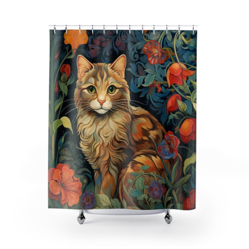 Colorful Floral Shower Curtain with Cat Design
