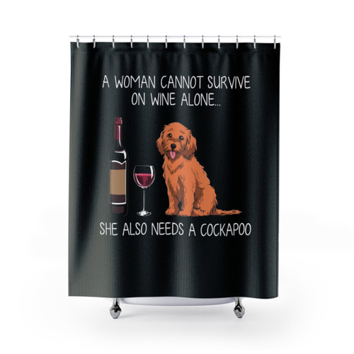 Cockapoo Shower Curtain with Funny Dog and Wine Design