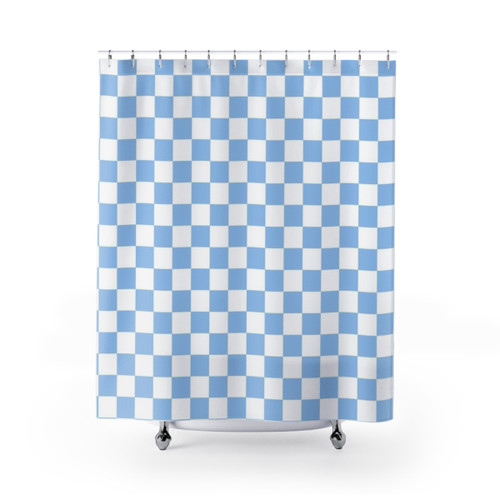 White and baby blue checkered shower curtain