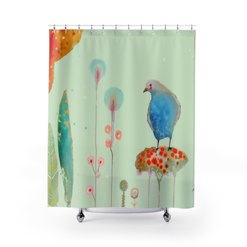 Pastel bird and flower print shower curtain