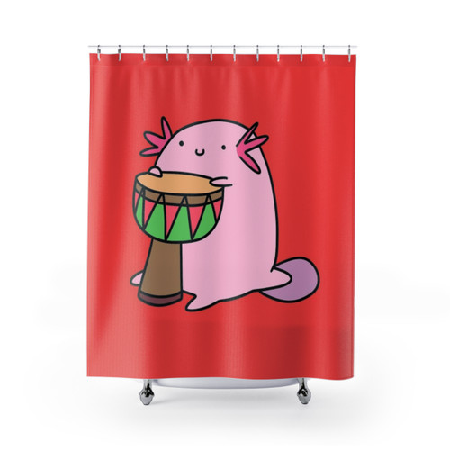 Axolotl playing the djembe drum shower curtain