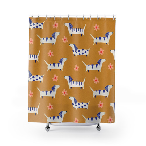Retro Dachshund Shower Curtain with Daisy Flowers