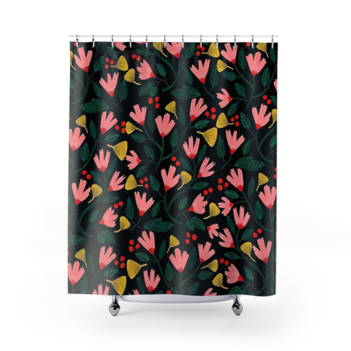 Floral shower curtain with vibrant gouache flowers and nature-inspired design