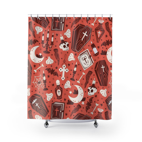 Vampire-themed shower curtain with spooky elements