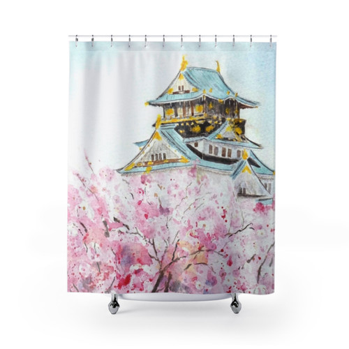 Watercolor painting of Osaka Castle and sakura flowers on shower curtain