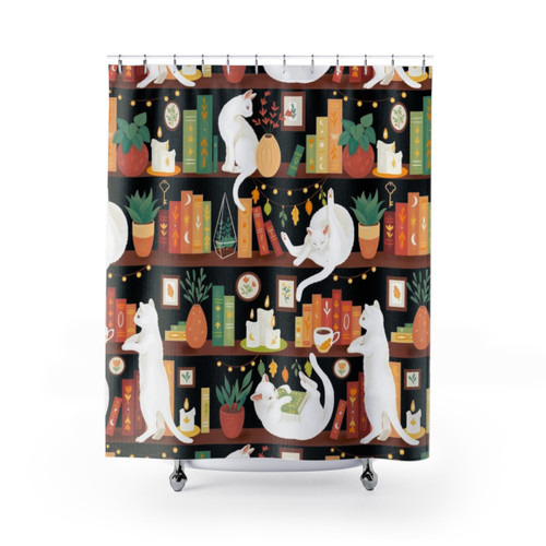 Library Cats Shower Curtain with Cozy Bookshelf Scene