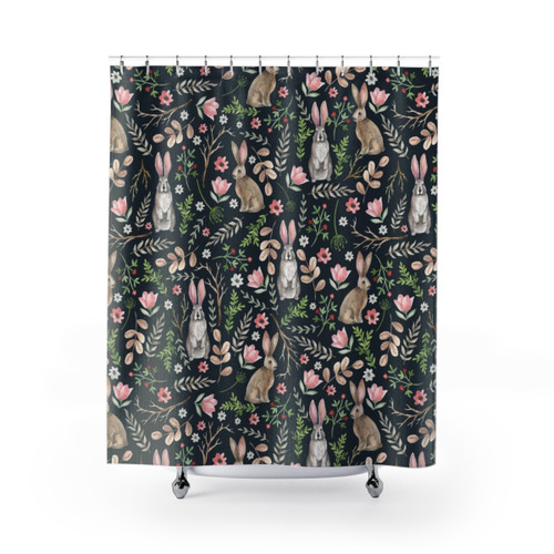 Cute rabbit design shower curtain in dark blue color