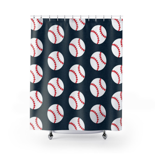 Baseball themed shower curtain with baseballs on a dark blue background