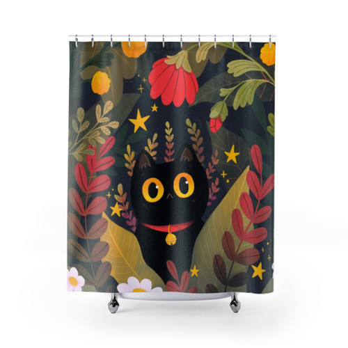 Cute cat shower curtain with floral and nature designs