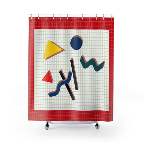 Retro geometric shower curtains featuring DJ Tanner design