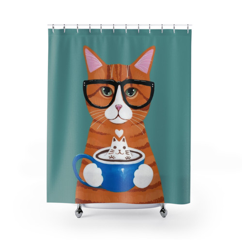 Ginger Cat Shower Curtains with Catpuccino Coffee Cat Design