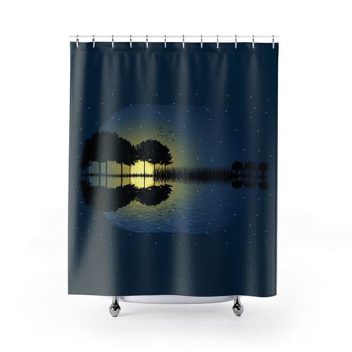 Guitar Island Moonlight Illustration Shower Curtains