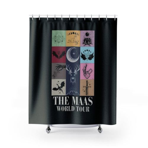 Throne of Glass Shower Curtains featuring characters from the Maas fantasy world