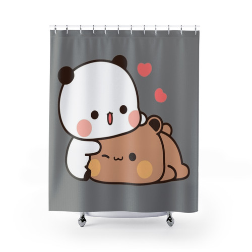 Kawaii shower curtains featuring a cute bear and panda couple