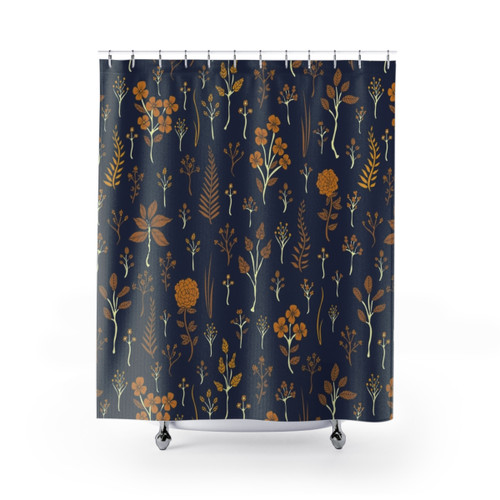 Navy Blue and Mustard Yellow Floral Pattern Shower Curtains