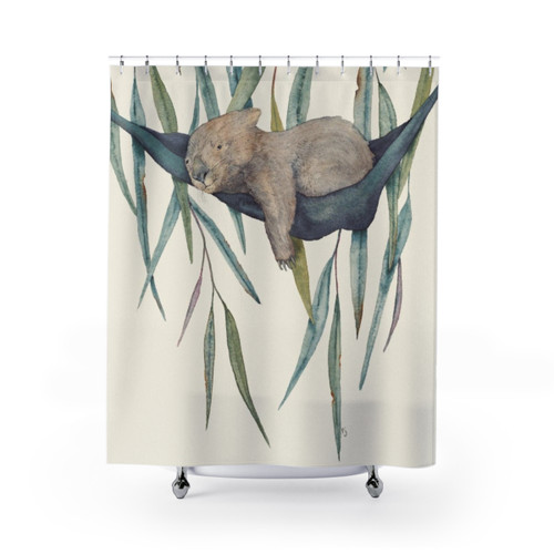 Sleepy Head Shower Curtain featuring a cute wombat in a hammock