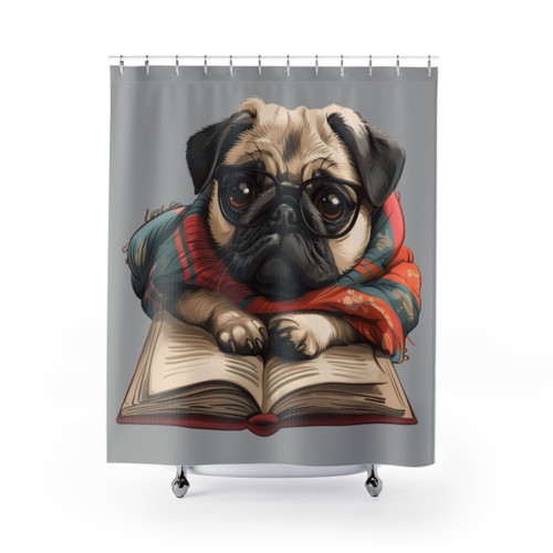 Pug Reading Book Shower Curtains - Adorable Dog Design