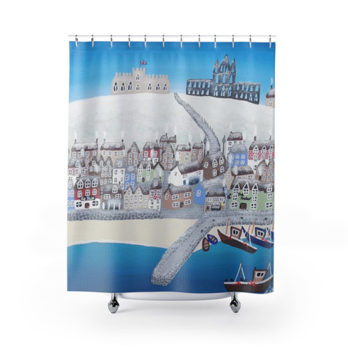 Wintery Whitby shower curtain featuring a contemporary unique artwork