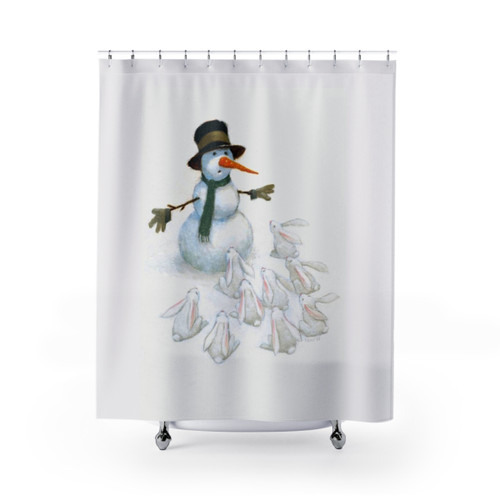Snowman with Carrot Nose Shower Curtain with Hungry Bunnies