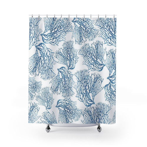 Coastal Blue Sea Fan Coral Pattern Shower Curtain