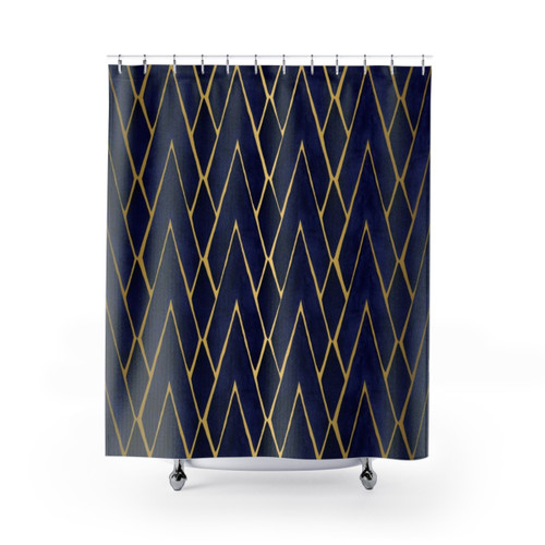 Indigo Art Deco Shower Curtains with Geometric Designs