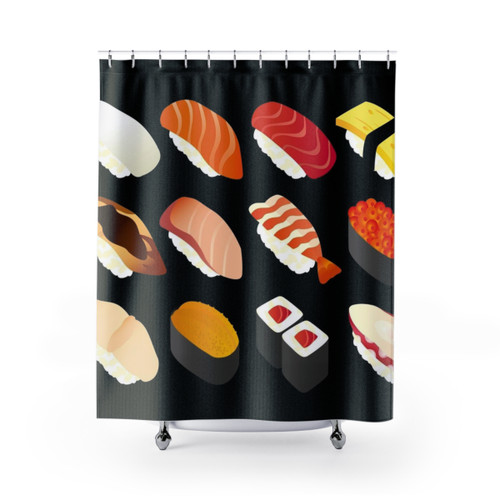 Sushi-themed shower curtain featuring vibrant sushi designs