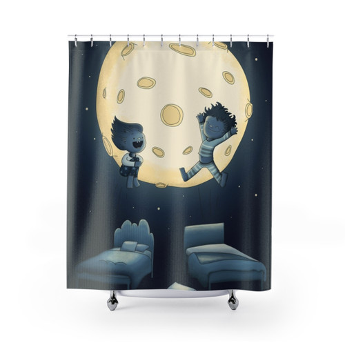 Playful Children's Shower Curtains with Moon, Stars, and Kids Design