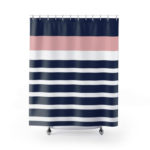 Minimalist Striped Shower Curtains in Navy Blue, Blush Pink, and White