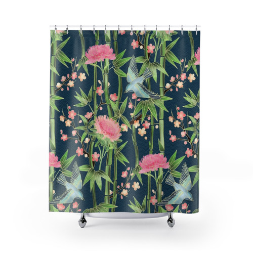 Bamboo and Blossom Shower Curtains in Dark Teal