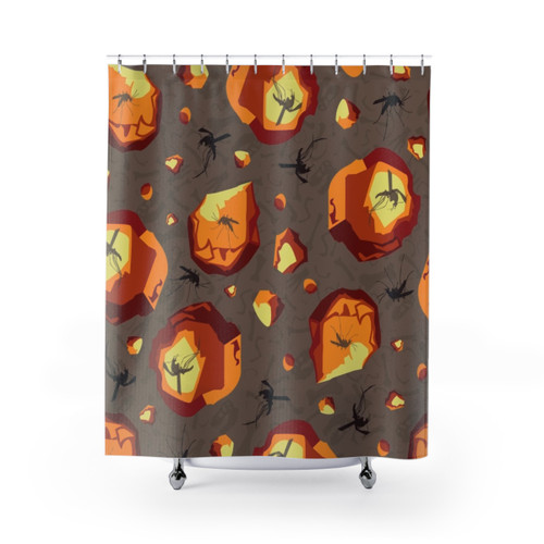 Jurassic Park-inspired amber shower curtains with mosquito and dinosaur bone patterns