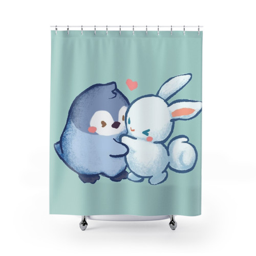 Cute animal shower curtain with hugging rabbit, penguin, and bunny design