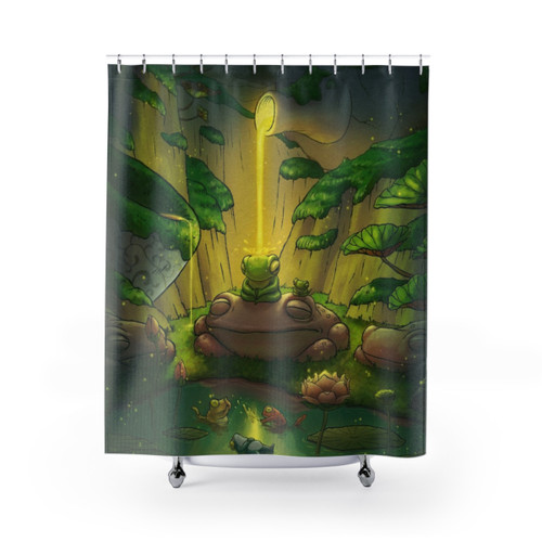 Whimsical meditation frog shower curtain