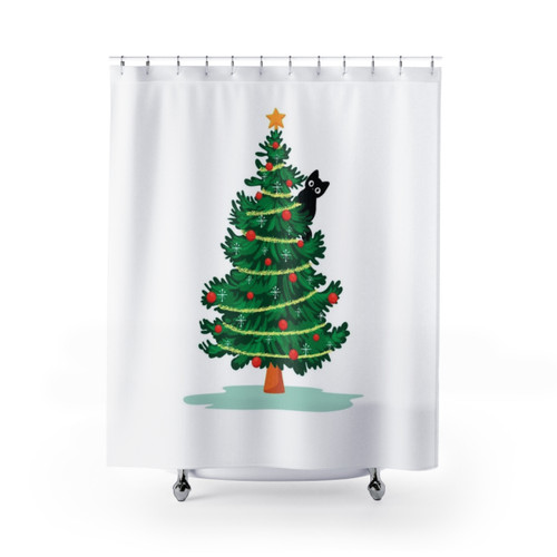 Black Cat in Christmas Tree Shower Curtains