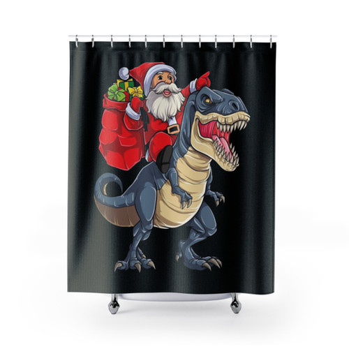 Santa Riding Dinosaur T-Rex Christmas Shower Curtain
