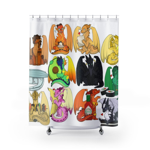 Chibi dragons with food-themed designs on shower curtains