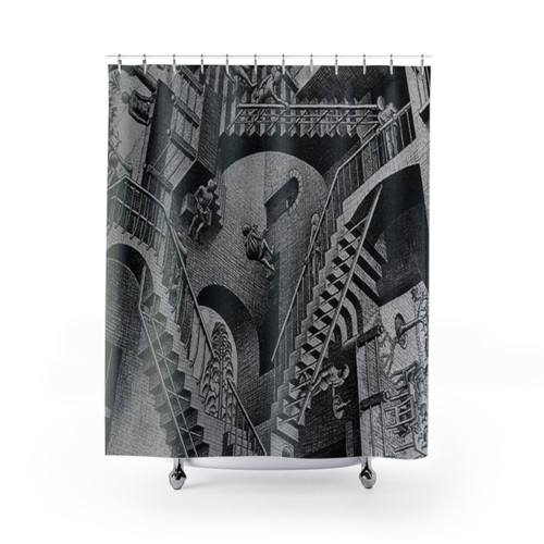 Relativity shower curtains with Escher-inspired geometric pattern